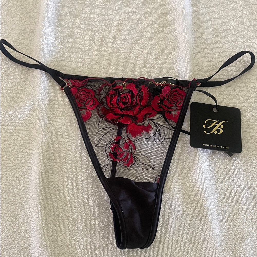 Honey Birdette Black and Red Floral Embroidered Panty